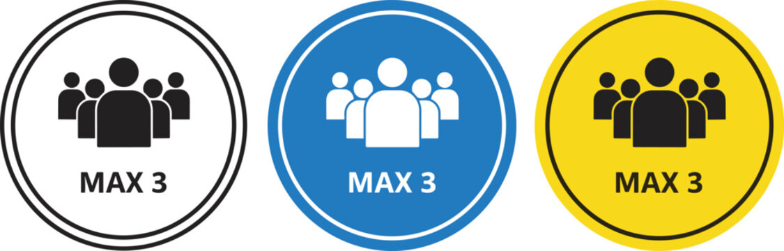 Maximum three people capacity icon set with group badge symbol representing occupancy limit safety regulation public rule and social distancing signage design