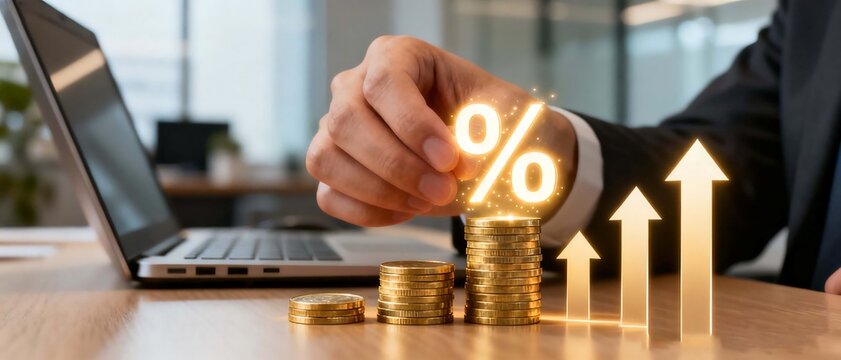Businessman placing percent sign on stack of gold coins with arrows rising upward on office desk with laptop computer