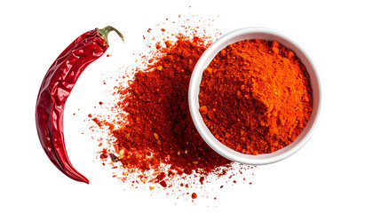 Dried red chili pepper with a heap of chili powder and bowl of powder