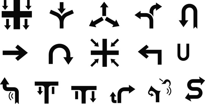 Direction arrow navigation icon set with turn signals intersection symbols and movement indicators for traffic map interface and modern design elements