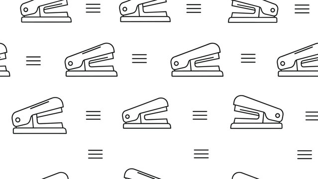 Simple seamless pattern featuring black and white line art illustrations of office staplers and triple horizontal lines on a white background.