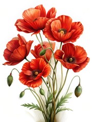 Fototapeta premium A vibrant and delicate bouquet of freshly picked red poppies stands alone against a crisp white background