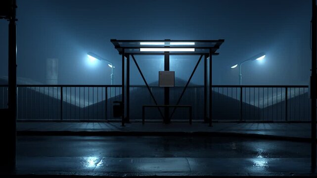 3D Animation of an illuminated bus stop behind passing vehicles at night	