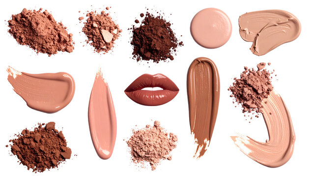 Swatches of makeup products in various shades, including powders and creams, against black