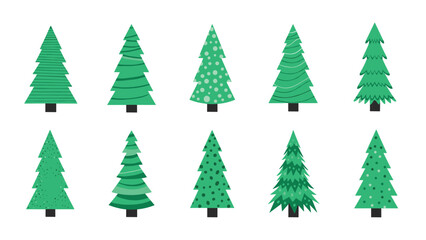 Fototapeta premium Collection of ten different stylized green pine trees with various artistic patterns and shapes arranged in two rows on a white background.