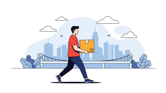 Professional delivery man in a red shirt carrying a cardboard box while walking past a blue city skyline with a bridge and clouds.