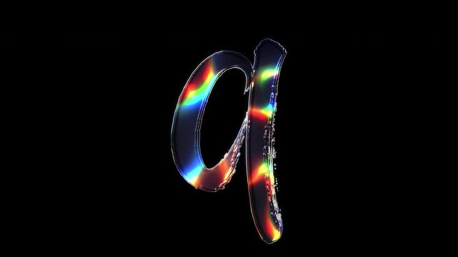 A brush-painted small letter "q" shimmering with various colored lights on a glass-like surface with an alpha channel. Seamless loop video.
