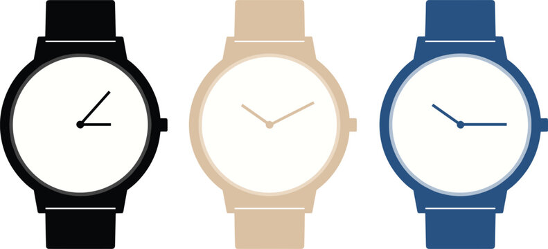 Wrist watch icon set in multiple colors featuring analog clock face representing time management fashion accessory and modern wearable design concepts