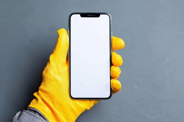 Blue medical glove holding smartphone healthcare hygiene technology mockup