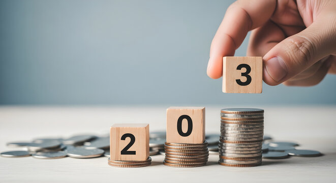 person placing wooden block forming number 203 on stacks of coins for savings growth