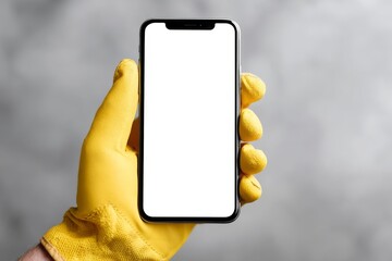 Hand in yellow glove holding smartphone blank screen mockup on white background