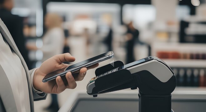 Person making a mobile payment at a retail checkout counter with a card reader device
