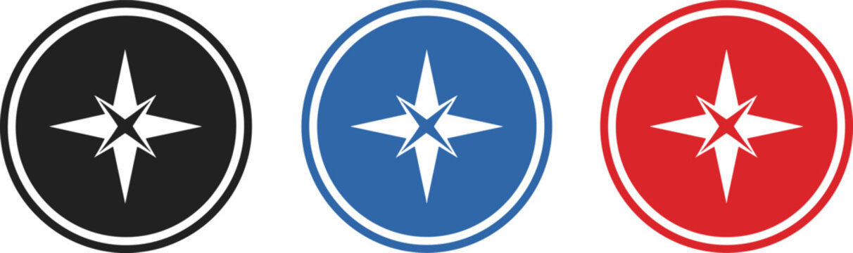 Compass star navigation badge vector icons in multiple colors representing direction guide travel map symbol and location interface design elements