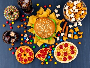 Assortment of fast food and sweets on a dark surface