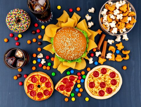 Assortment of fast food and sweets on a dark surface