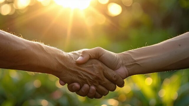 Generational handshake in golden sunlight symbolizing trust and partnership