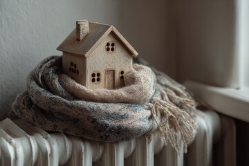 Cozy small house wrapped in knitted blanket warmth and home protection concept