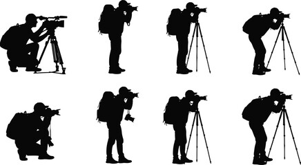 Black vector silhouettes set of professional photographers and videographers with cameras tripods and backpacks isolated on white for media and travel photography design projects