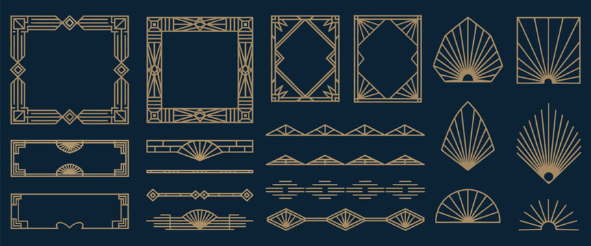Collection of geometric art deco ornaments, luxury golden decorative elements with different lines, frames, headers, dividers, and borders for elegant wedding invitations and premium branding.