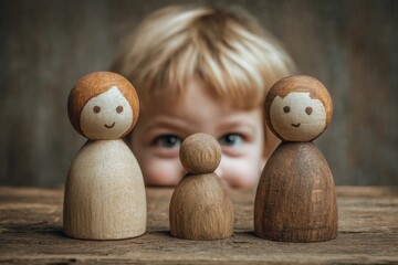 Cute child peeking behind wooden toys playful childhood portrait