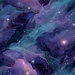 Obraz premium Seamless pattern of watercolor galaxy with purple teal clouds and gold stars