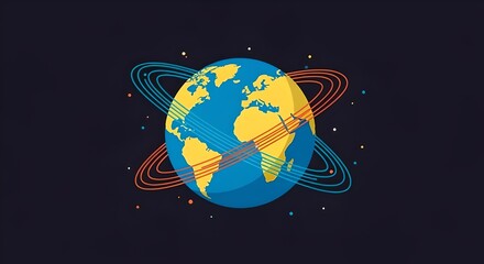 Naklejka premium Conceptual illustration of a connected world, featuring a stylized Earth orbited by dynamic rings, symbolizing global communication, digital networking, and technological advancement across continents