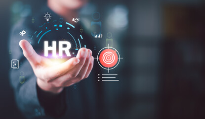 Human resources strategy concept showing goal targeting, performance objectives, and HR planning visualization, supporting talent management, productivity improvement, data driven decision making.