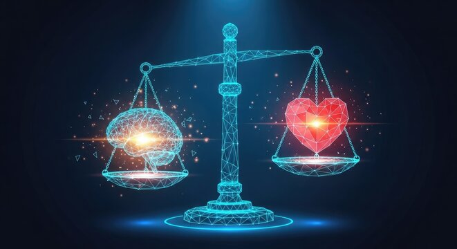 A glowing blue wireframe balance scale stands centrally with a luminous brain on the left pan and a vibrant red heart on the right pan.