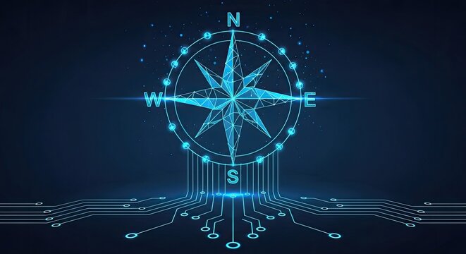 A glowing blue polygonal compass rose with cardinal directions (N, S, E, W) is centered above a radiating circuit board base on a dark blue background.