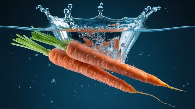 Carrots Splash Into Water Creating Bubbles and Ripples During a Fresh Food Demonstration