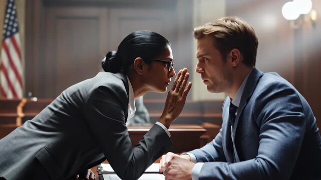 Defense Attorney Whispering Strategy to Client During Courtroom Trial Behind Wooden Bench Under Dramatic Lighting
