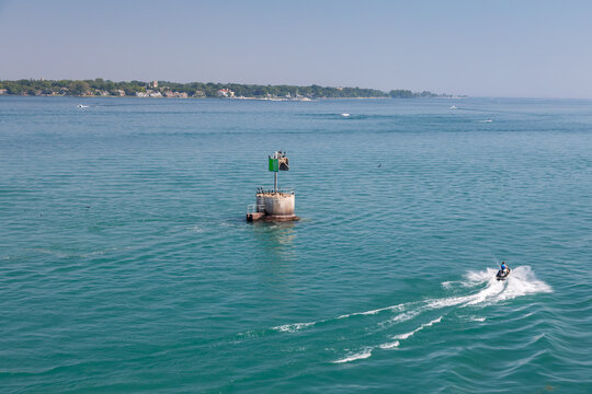 Channel Marker Buoy With Nesting Cormorants Near Lake St. Clair, Belle Isle, Detroit, Michigan