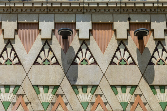 Art Deco Design in Stone and Tiles on the Wall of a Vintage Building in Detroit, Michigan, United States