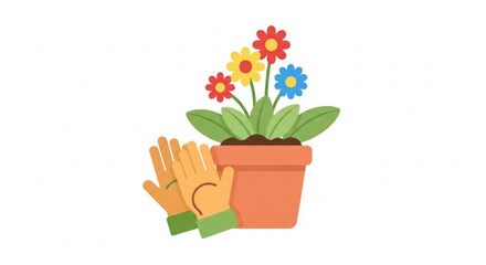 Gardener's hands holding a vibrant flower pot with colorful blooms and green leaves on white background