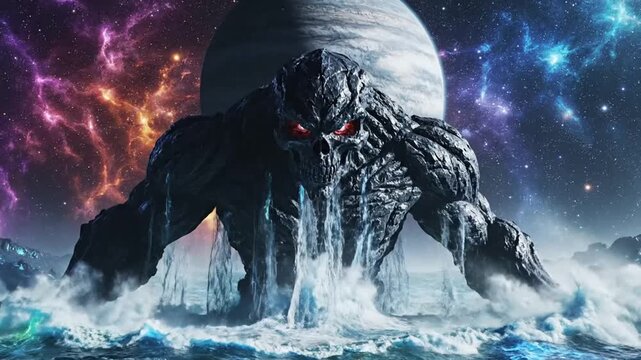 Giant Menacing Creature Emerging from Water on an Alien Planet with a Cosmic Starry Background.