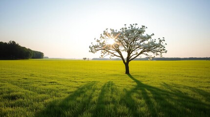 Fototapeta premium Solitary tree in a grassy field bathed in golden sunlight