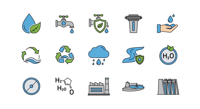 Water conservation and purification icons set.