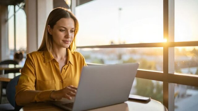Focused Woman Working on Laptop in Sunny Cafe with Golden Hour Light