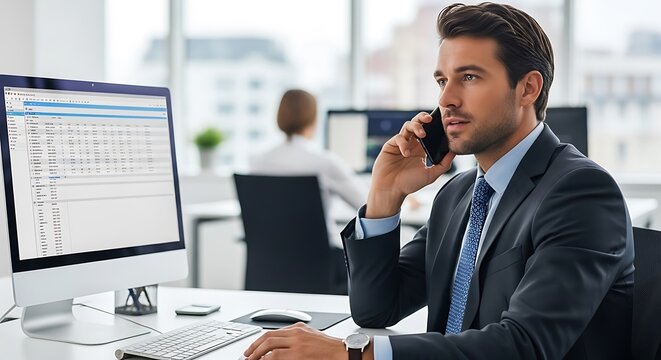 Businessman Working on Computer and Talking on Phone.