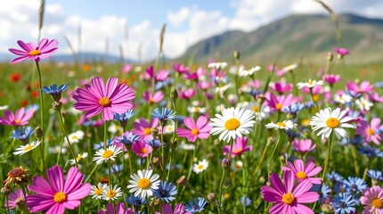 Vibrant wildflower meadow with purple pink and white flowers and distant mountains