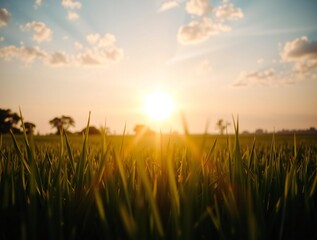 Fototapeta premium Golden sunset over a lush green field with wispy clouds