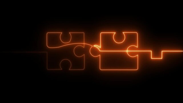 Glowing neon connected puzzle pieces line icon animation on dark background. Bright outline style symbolizing teamwork, partnership, integration, collaboration and problem solving. Modern