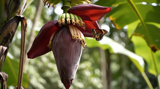 Close Up of Vibrant Banana Flower with Small Butterfly Briefly Landing on Bract in Tropical Garden
