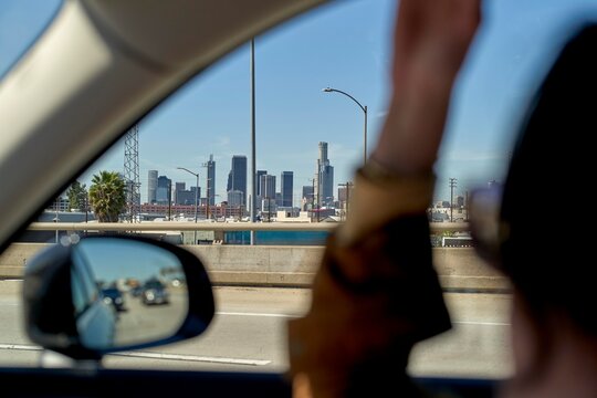 Los Angeles Skyline View From a Moving Car on a Sunny Day