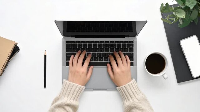 Top view of hands typing on laptop keyboard with coffee and office items