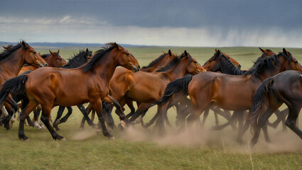 A herd of brown horses gallops across a grassy field, kicking up dust under a stormy sky.