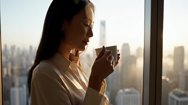 Elegant Asian Woman Enjoys Coffee At Sunrise Overlooking City Skyline