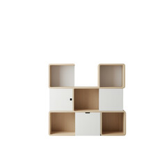 Obraz premium Modern modular shelving unit with minimalist design and neutral tones isolated on white background