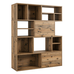 Modern wooden modular shelving unit with multiple compartments and open design isolated on white background