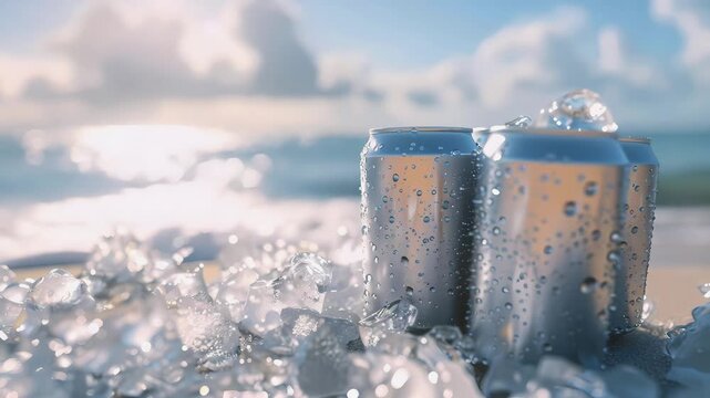 Cold beer cans in ice container with ocean background for summer advertising, Generative AI Videos.
